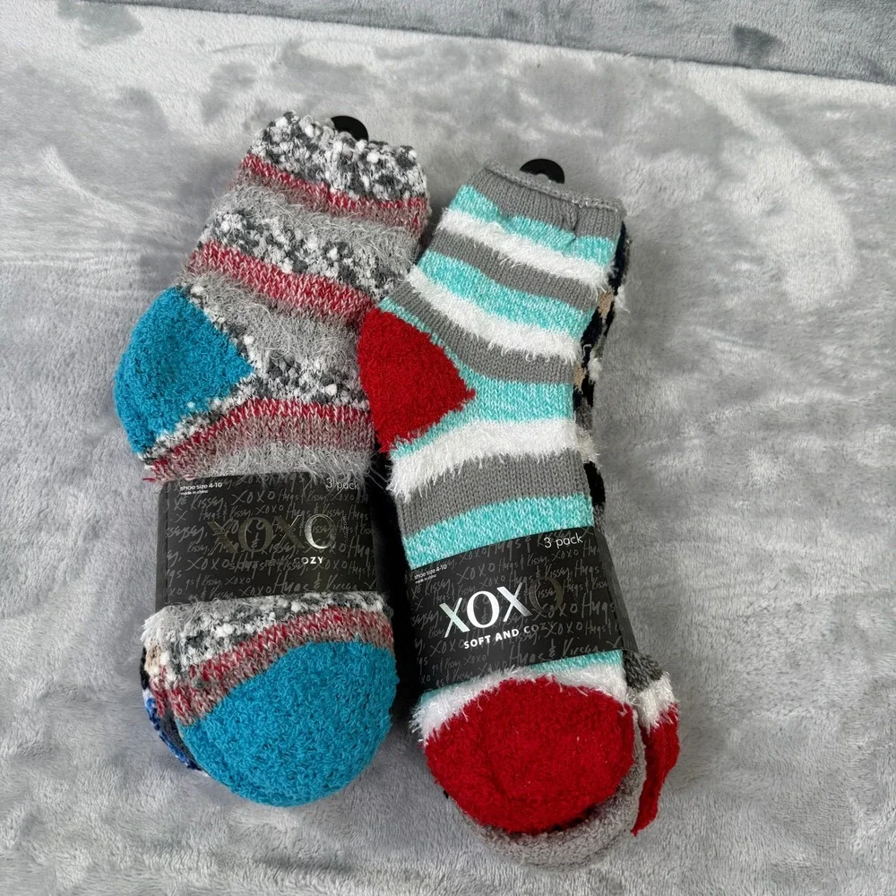 XOXO Womens Fuzzy Socks 6 Pairs 2 Packs Soft Cozy Striped Multi Color Size 4-10